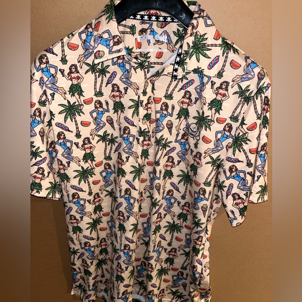 Tattoo Golf Hula Girl Hawaiian Cool-Stretch Polo Sz Medium Golf Shirt (Khaki)